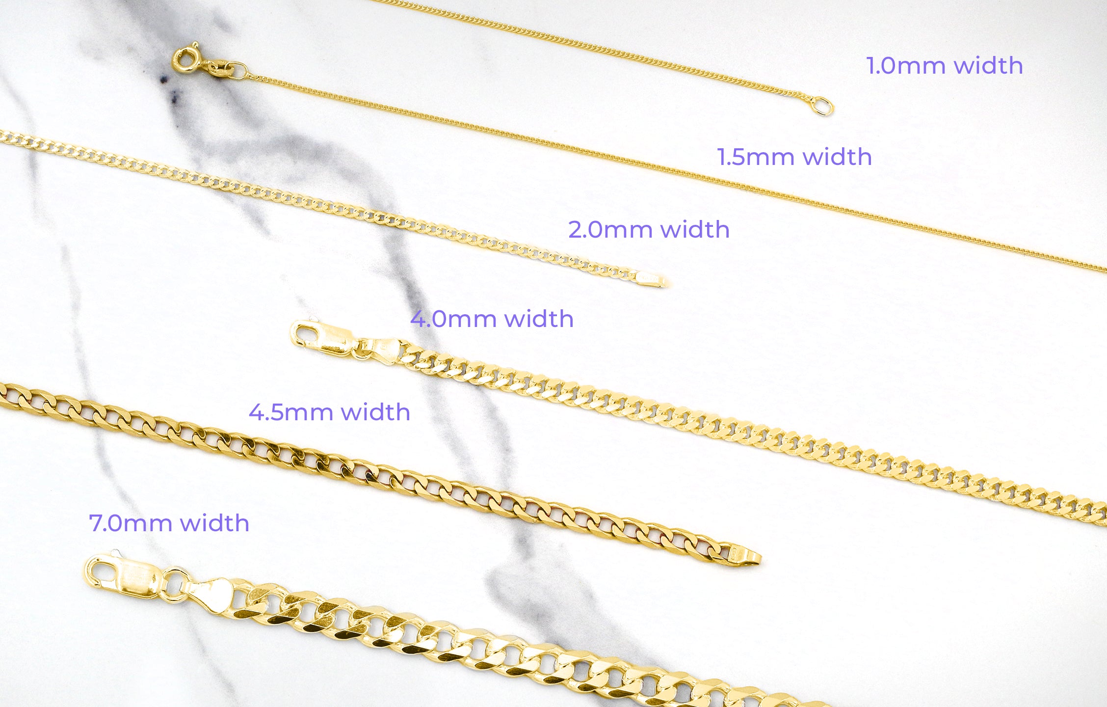 Gold Curb Chains in Different Widths Compared to Each Other