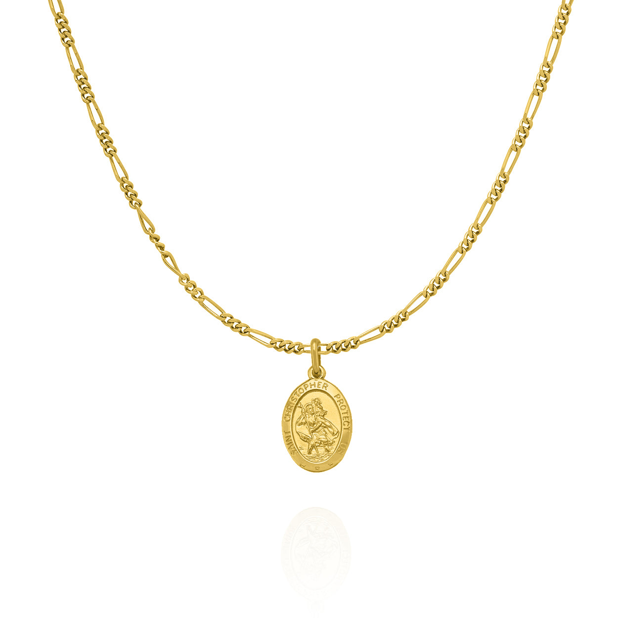 Solid Yellow Gold Oval St. Christopher Medallion on a 1.2mm Wide Figaro Chain