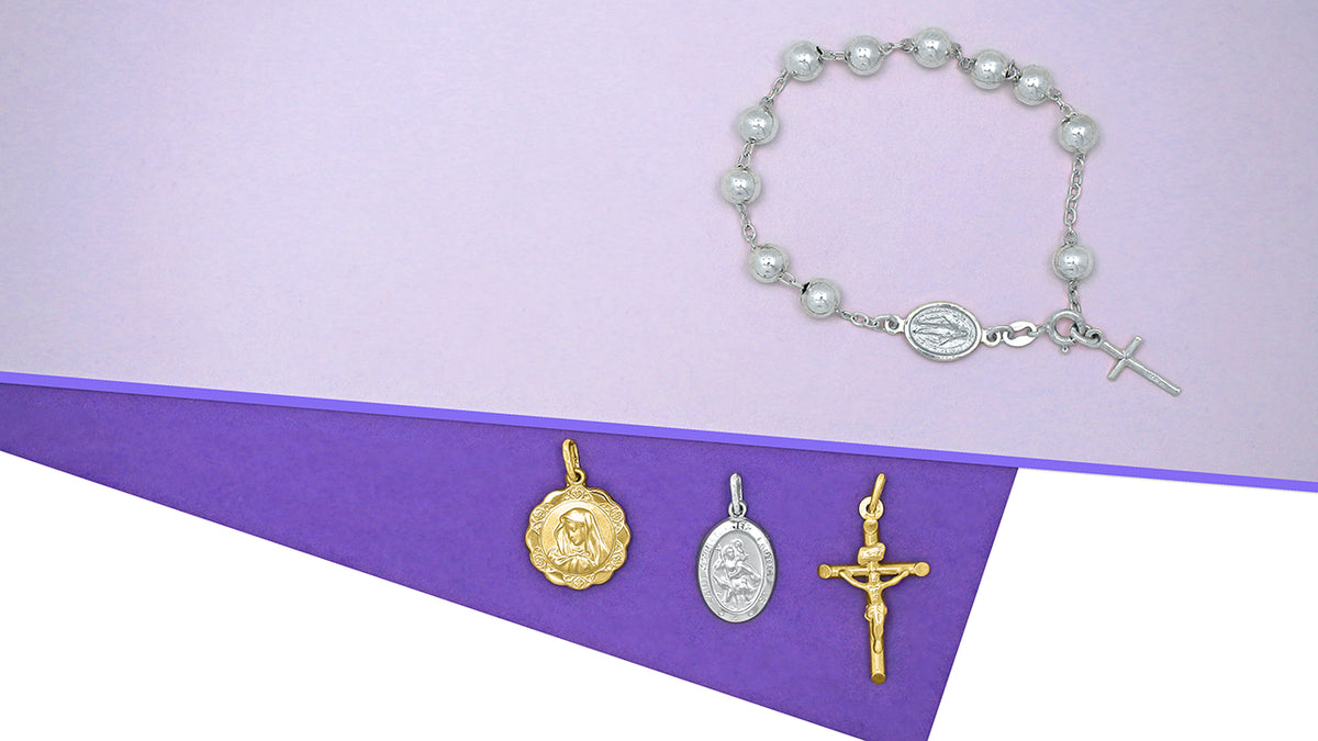 Yellow Gold Madonna and Crucifix with White Gold St. Christopher Pendant and Silver Rosary Bracelet