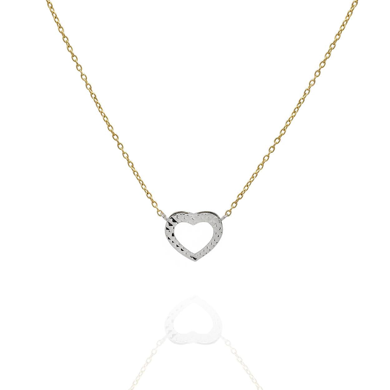 Solid Yellow and White Gold Diamond Cut Heart Necklace