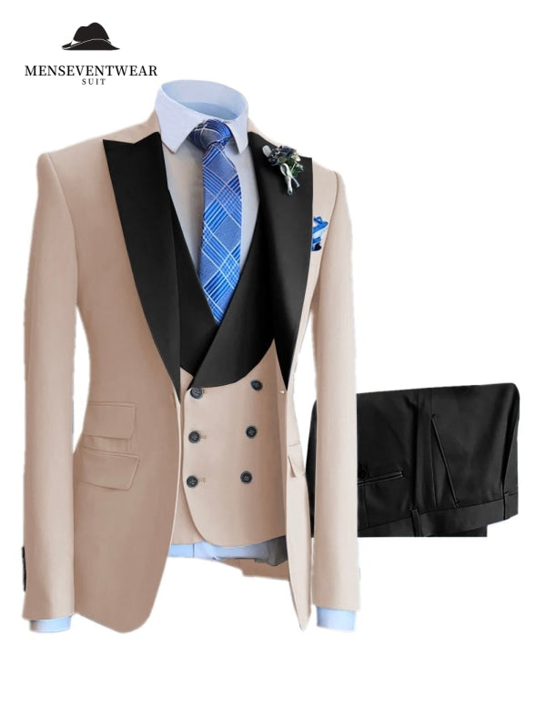 Arbutus Street Slim Fit All Cream Men's Three Piece Suit With Peak Lapels