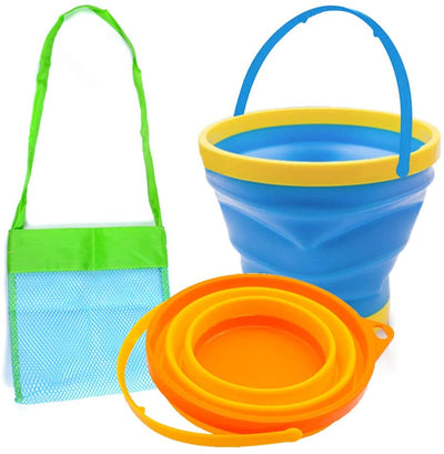 Zooawa Beach Bucket Sand Toy for Kids, 10 Pack Kids Foldable Sand Bucket,  Collapsible Beach Buckets and Beach Shovels Set for Sand Beach Play(3