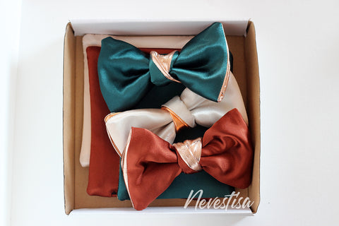 satin prettied bow tie for men, copper set, copper rust brown bow tie set with rose gold accents, men, groomsmen, bow tie 