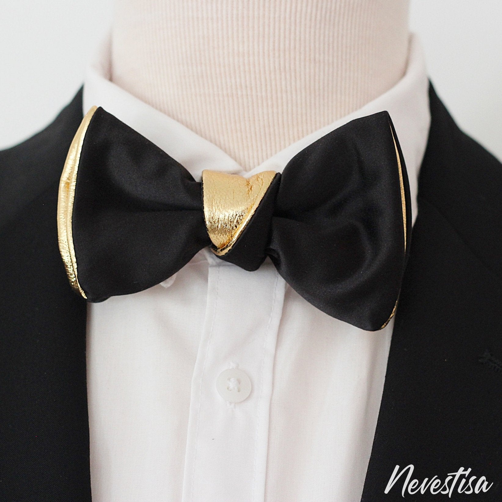 Gold and black satin mens formal bow tie set