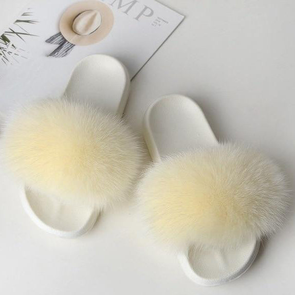 white fur slippers