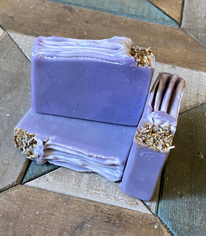 Set of 3 Lavender Hemp Purple Soap Bars Stacked with Lavender Buds and Textured Top Veri Peri Pantone Color of the Year National Soapmaking Day