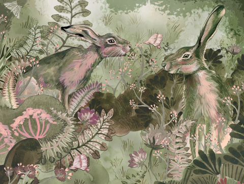 Hares in Floral Meadow