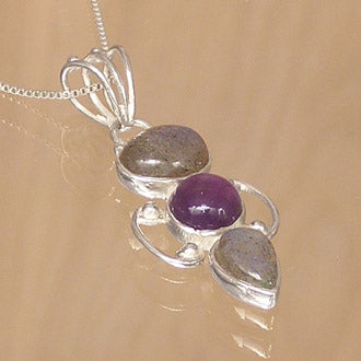 SILVER PENDANT WITH AMETHYST AND LABRADORITE GEMSTONES AND NECKLACE CHAIN