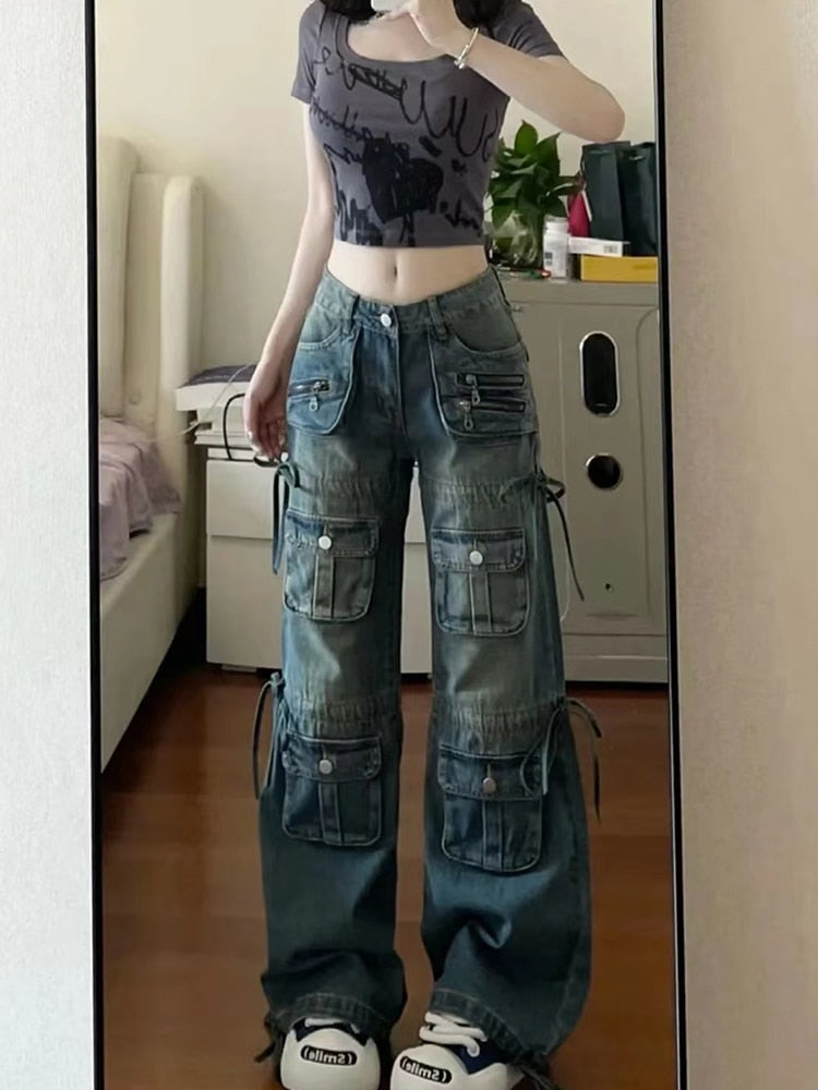 Women Y2k Streetwear Multi-Pocket Blue Denim Cargo Jeans Pants - Image 6