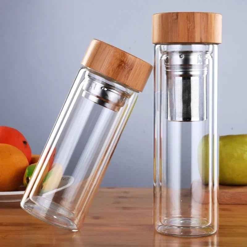 Stainless Steel Double Wall Water Bottle – Travel Tea Infuser with Bamboo Lid