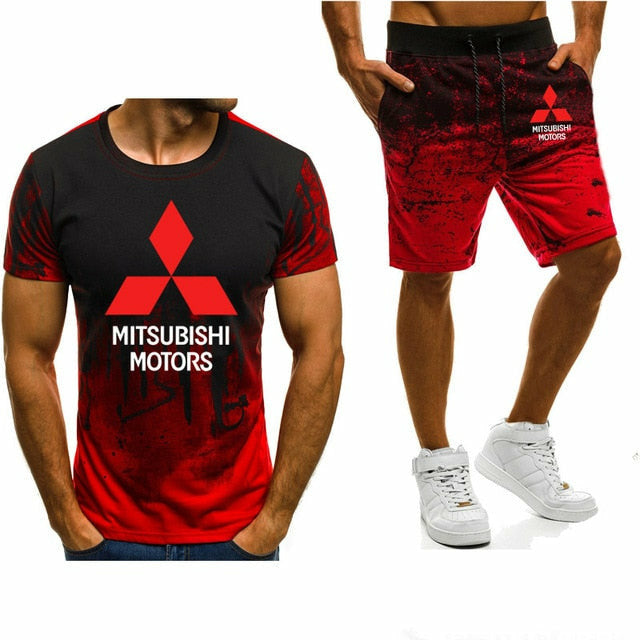 High Quality Summer Men's Suit Mitsubishi Car Logo Printed Gradient T-Shirt Pants Set