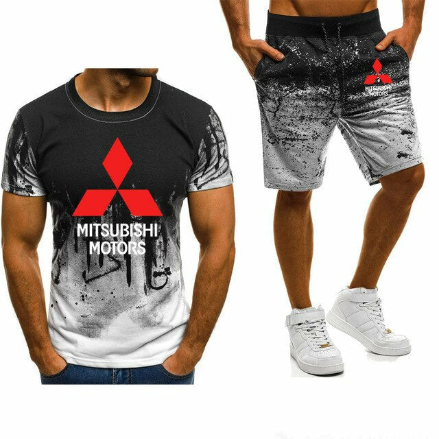 High Quality Summer Men's Suit Mitsubishi Car Logo Printed Gradient T-Shirt Pants Set