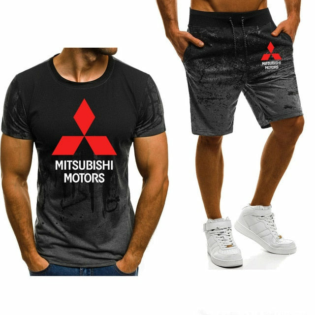 High Quality Summer Men's Suit Mitsubishi Car Logo Printed Gradient T-Shirt Pants Set