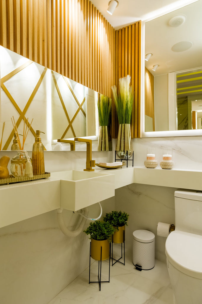 a bathroom that blends organic elements like wooden cabinets and potted plants