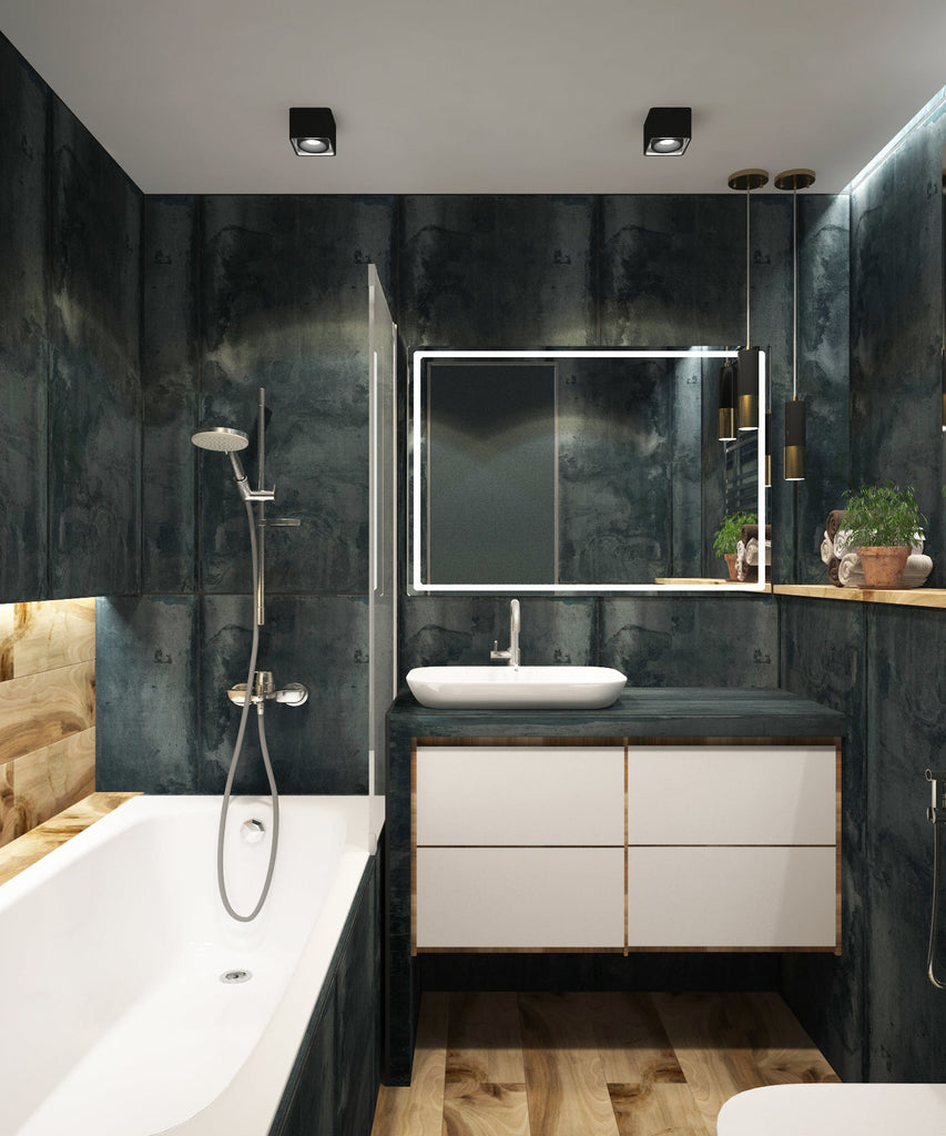 bathroom with black marble walls