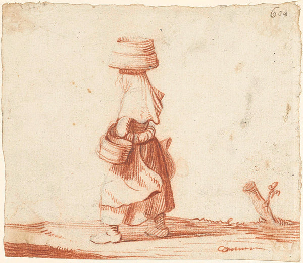 Woman carrying buckets on a path, to the left, Harmen ter Borch, 1651 Canvas Print