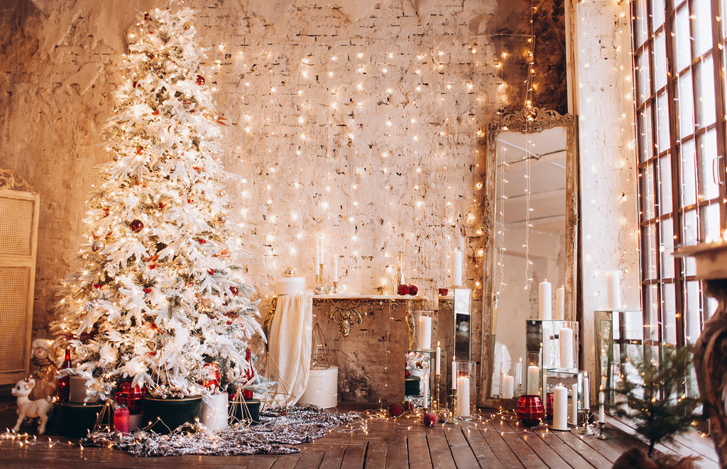 White Christmas Tree with Light Curtain in Loft