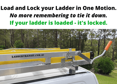 Picture of work van with ladder loaded in Ladder Transit on roof.  Text Load and Lock your Ladder in one easy motion.