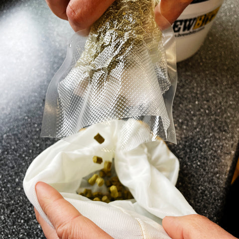 Preparing the bag of Dry Hops