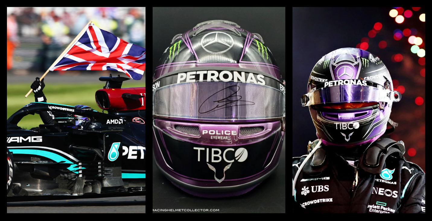 Lewis Hamilton Signed Helmet Race Worn Race Used Visor 2021 Mounted on Promo Helmet Black & Purple BLM