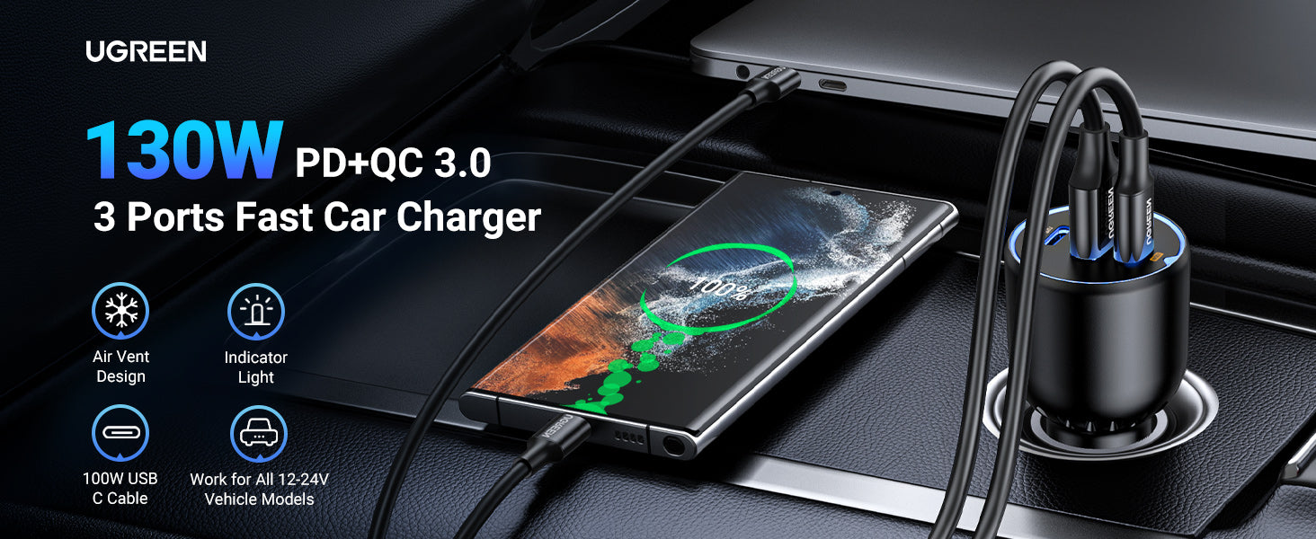 UGREEN Chargeur Voiture USB C 30W PD QC 3.0 PPS avec Câble