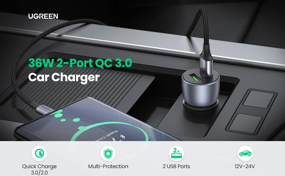 UGREEN USB Car Charger 36W - 12V USB Charger Multi Ports Fast Car Charger  Adapter Compatible with iPhone, Galaxy S22/S21/S20/S10/Note 20, Pixel 5/4/3