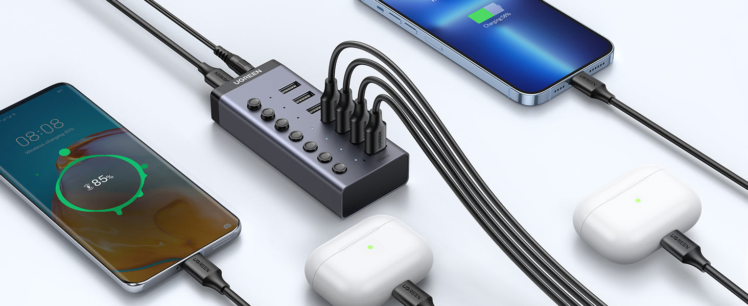 UGREEN Powered USB 3.0 Hub, 7-Port USB Adapter with 4 Smart Charging Ports,  USB Splitter with Individual Led On/Off Switches and Power Adapter, USB