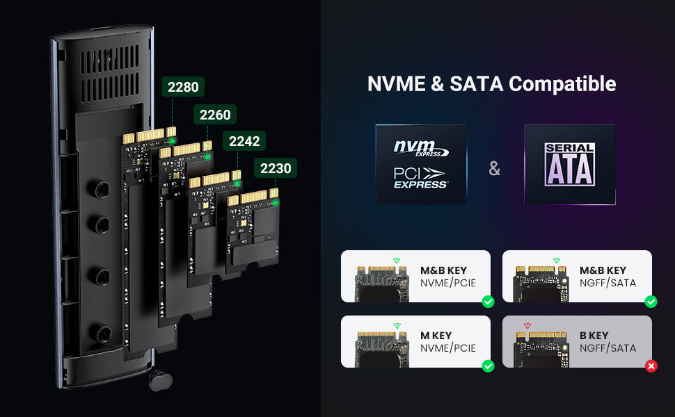 Double Protocole M.2 NVME PCIe NGFF SATA M2 Adaptateur SSD M.2 USB 3.1 SSD  pour 2230 2242 2260 2280 NVMe/SATA M.2 SSD RTL9210B