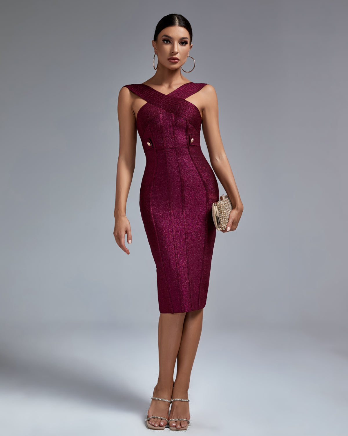 Midi Metal Ornamental Buckle Bandage Dress | Wolddress