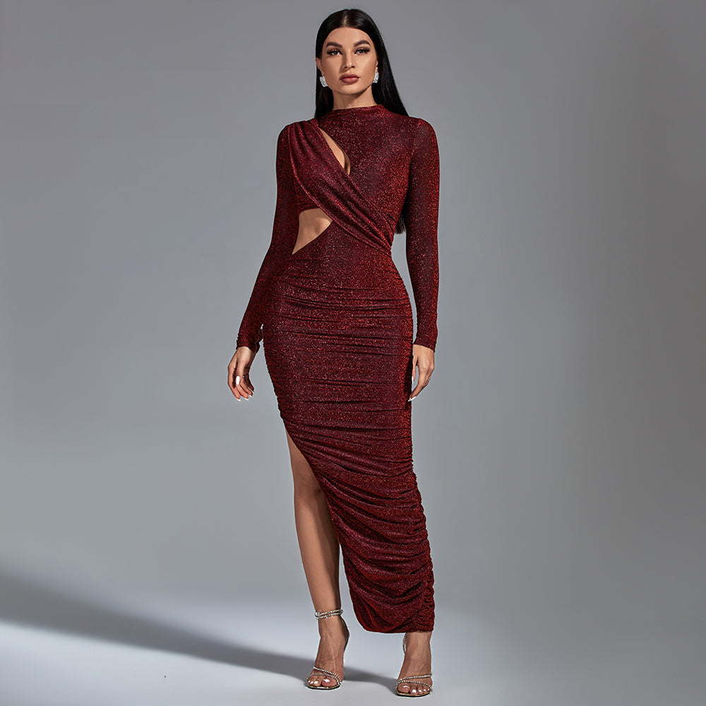 Long Sleeve Metallic Jersey Cutout Dress | Wolddress