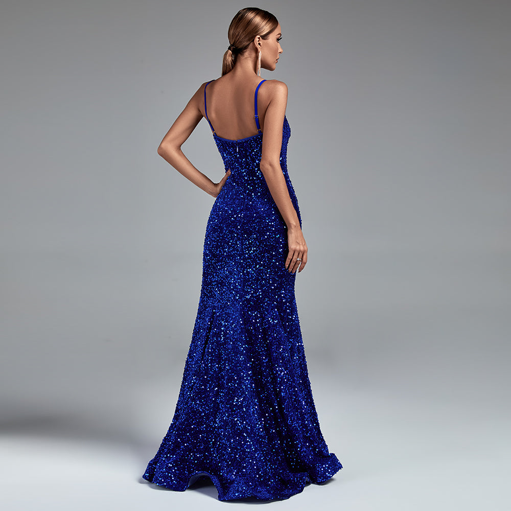 Blue Strappy Sleeveless Sequined Maxi Prom Dress | Wolddress