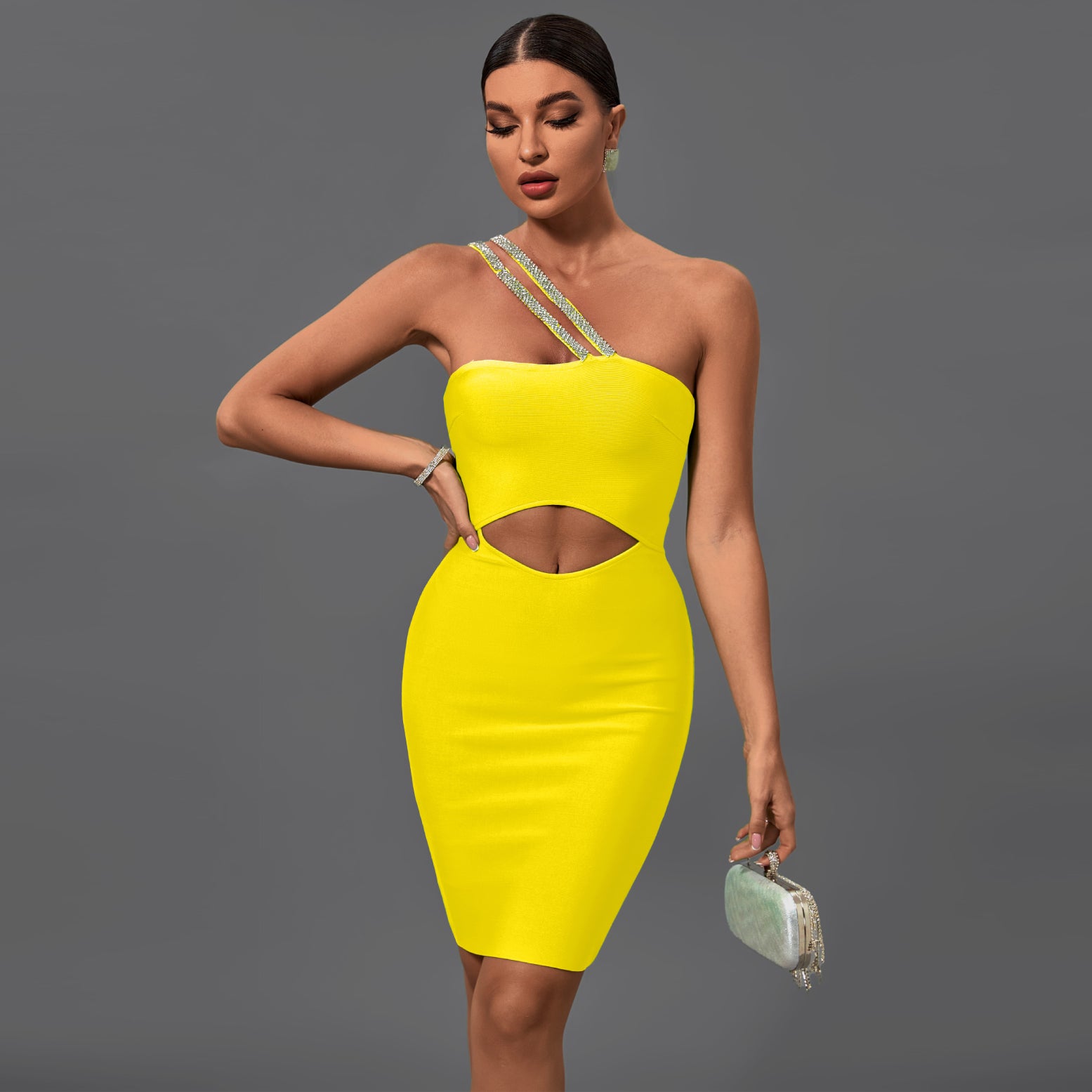 One Shoulder Cut Out Midi Bandage Dress Pp22053 Wolddress