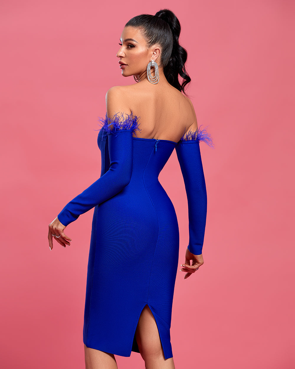 Off Shoulder Feather Trim Midi Bandage Dress PP22139 | Wolddress