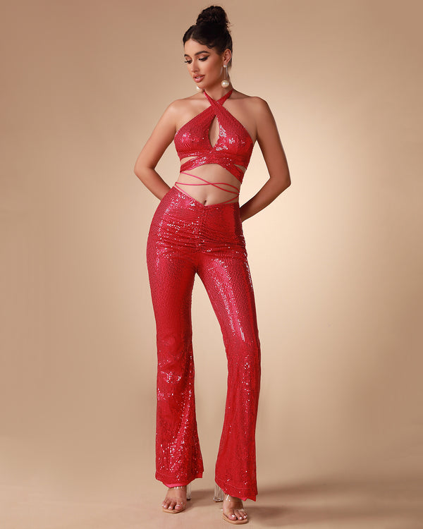 Halter Sequin Hollow out Two Piece Set