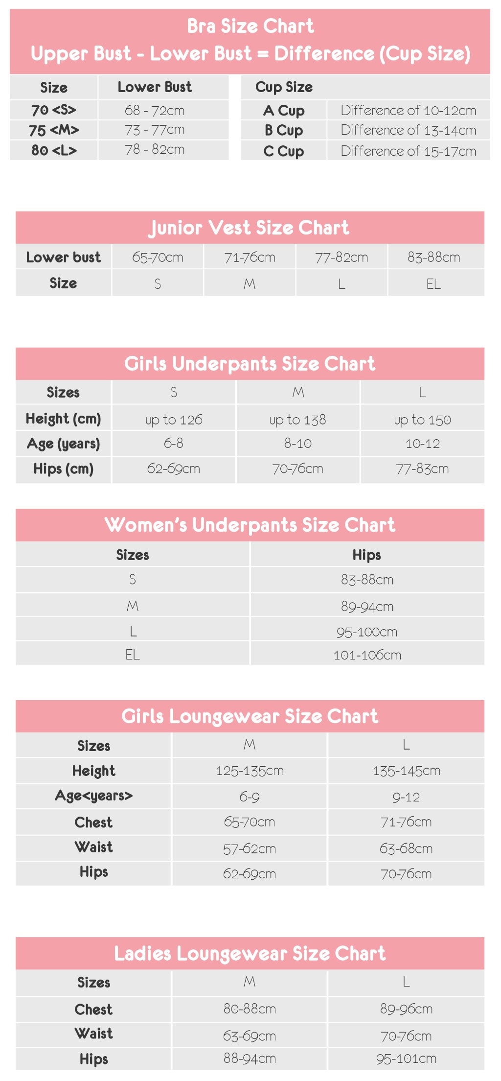 Young Hearts Bra Size Chart