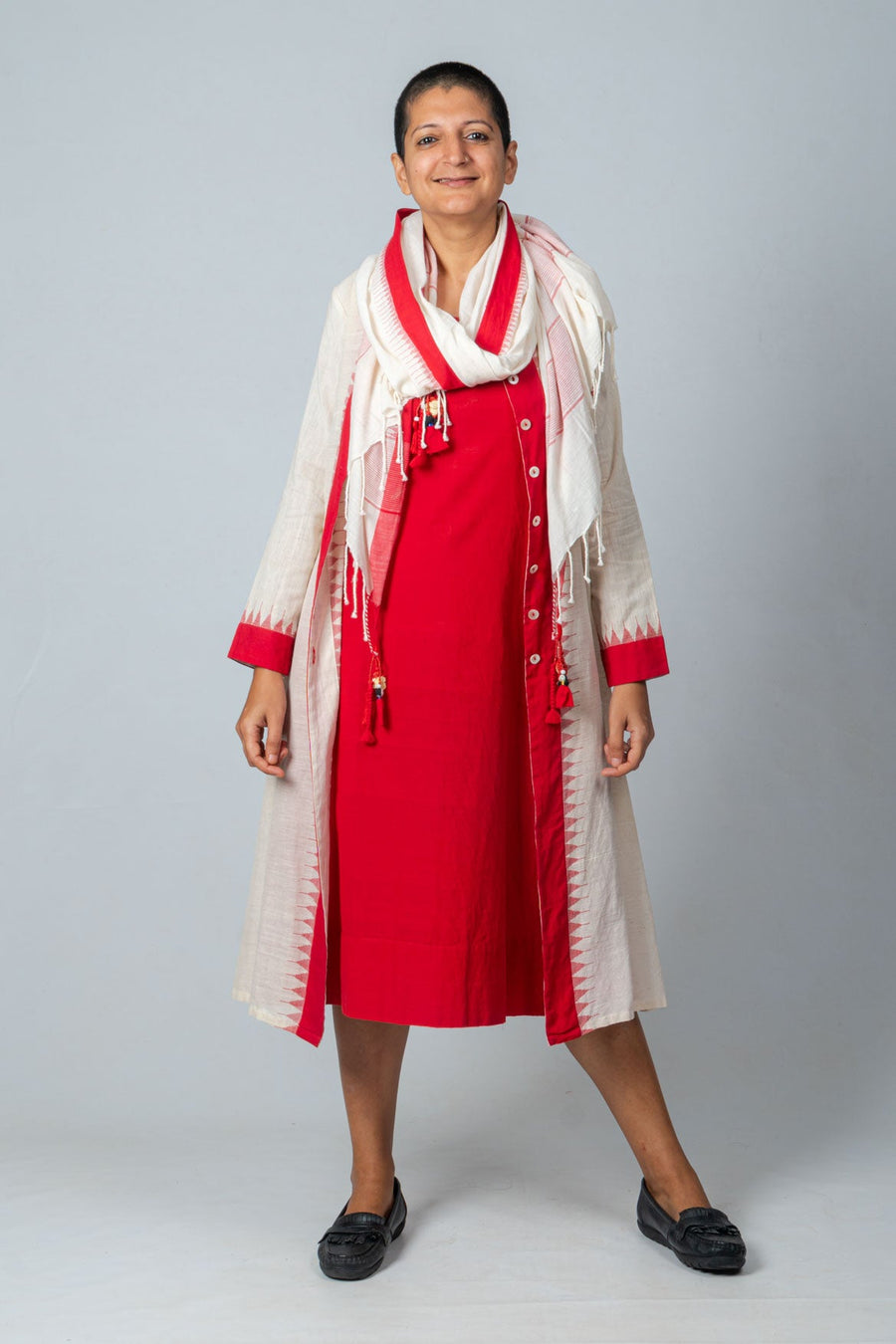 Red Temple Border Jacket with Organic Cotton Dress and Scarf Accessory - EREWANI SET