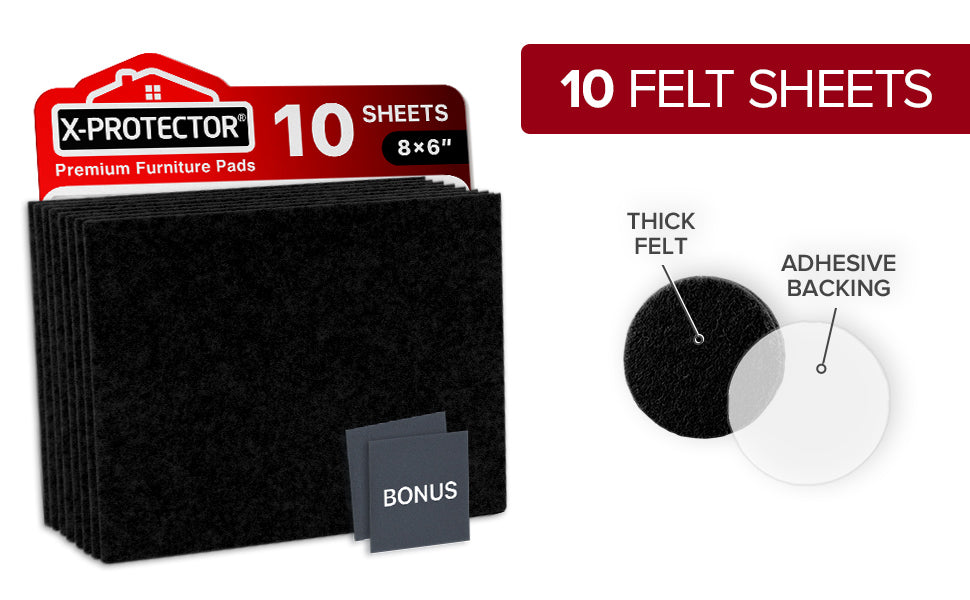 Premium Felt Furniture Pads X-PROTECTOR 10 pcs 8” x 6” x 1/5