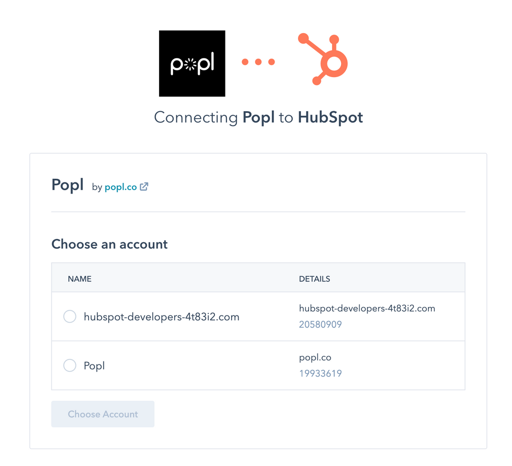 Popl HubSpot OAuth login