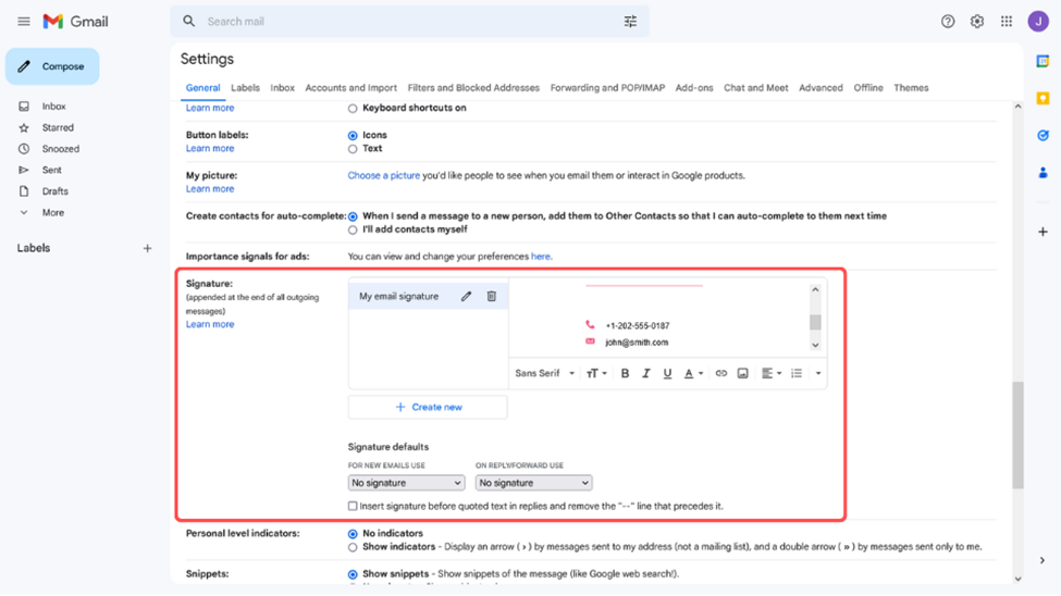 image showing Gmail signature settings
