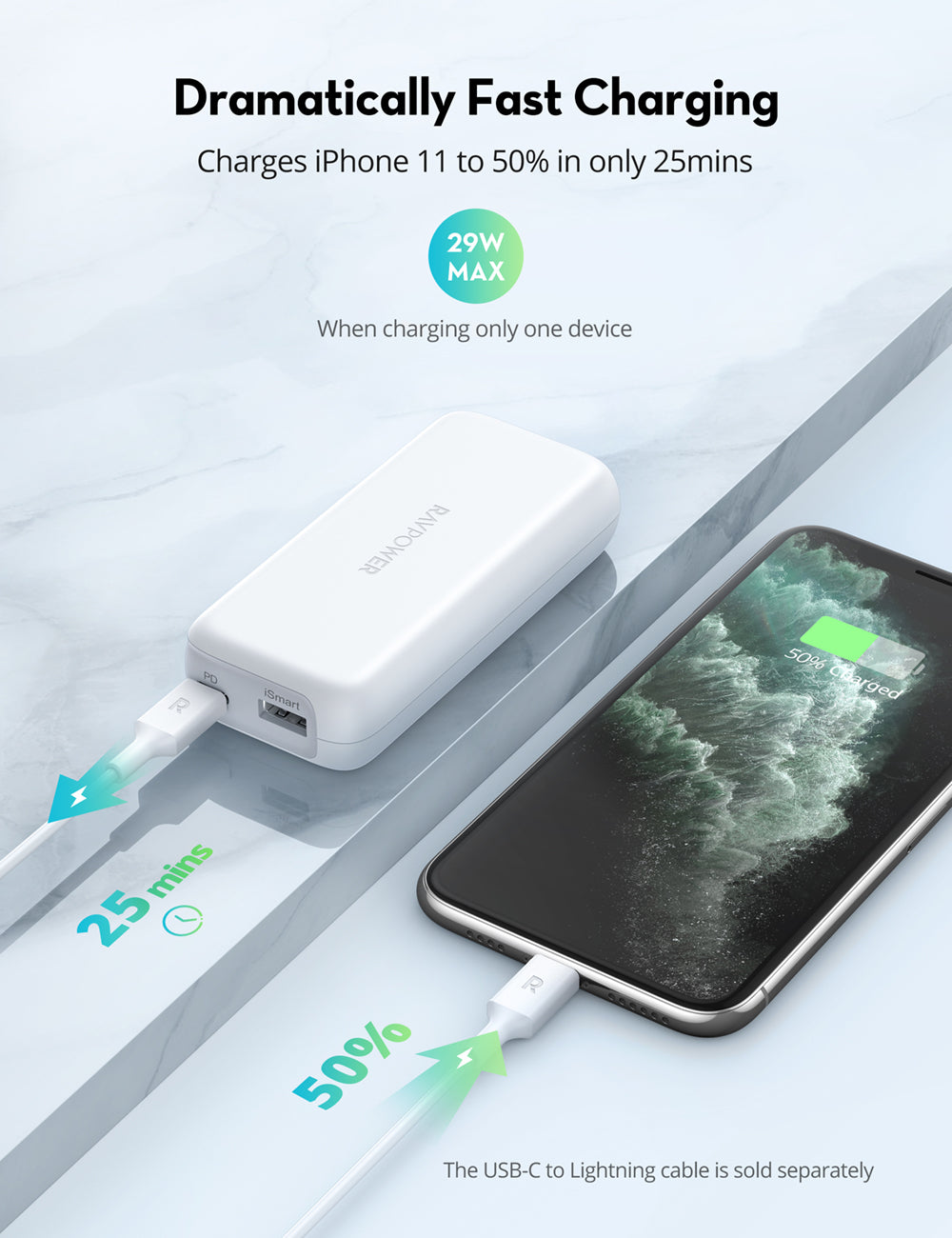 campagne Kent Ontembare 10000mAh Power Bank 20W USB C Portable Charger
