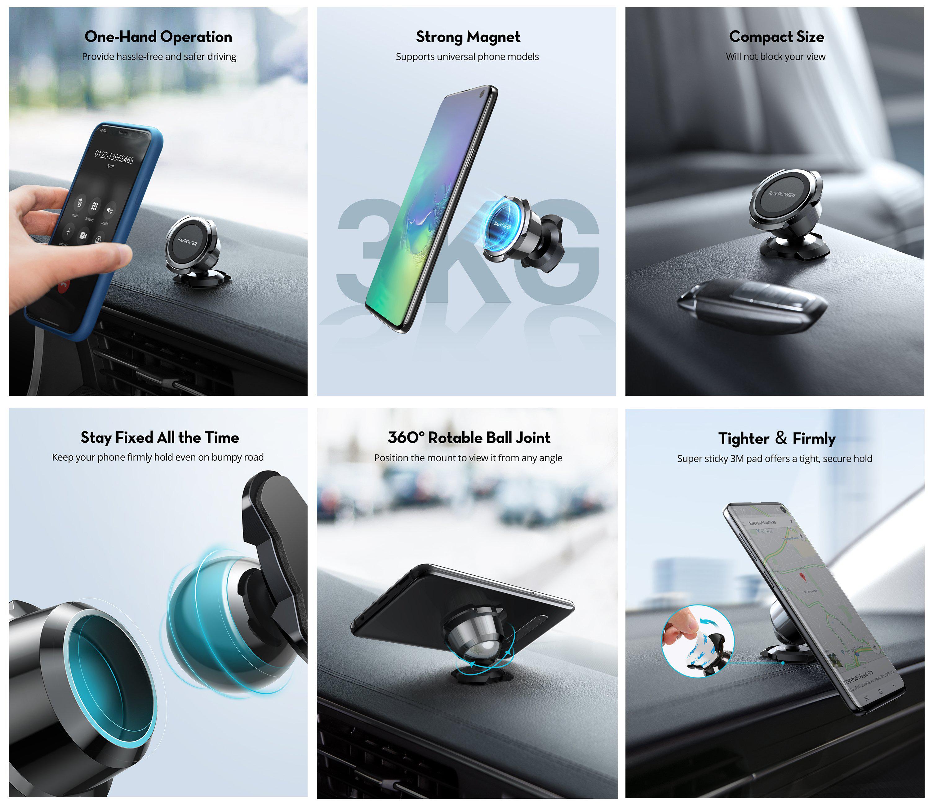 3M Adhesive Magnetic Car Phone Holder 360° Rotatable – RAVPower
