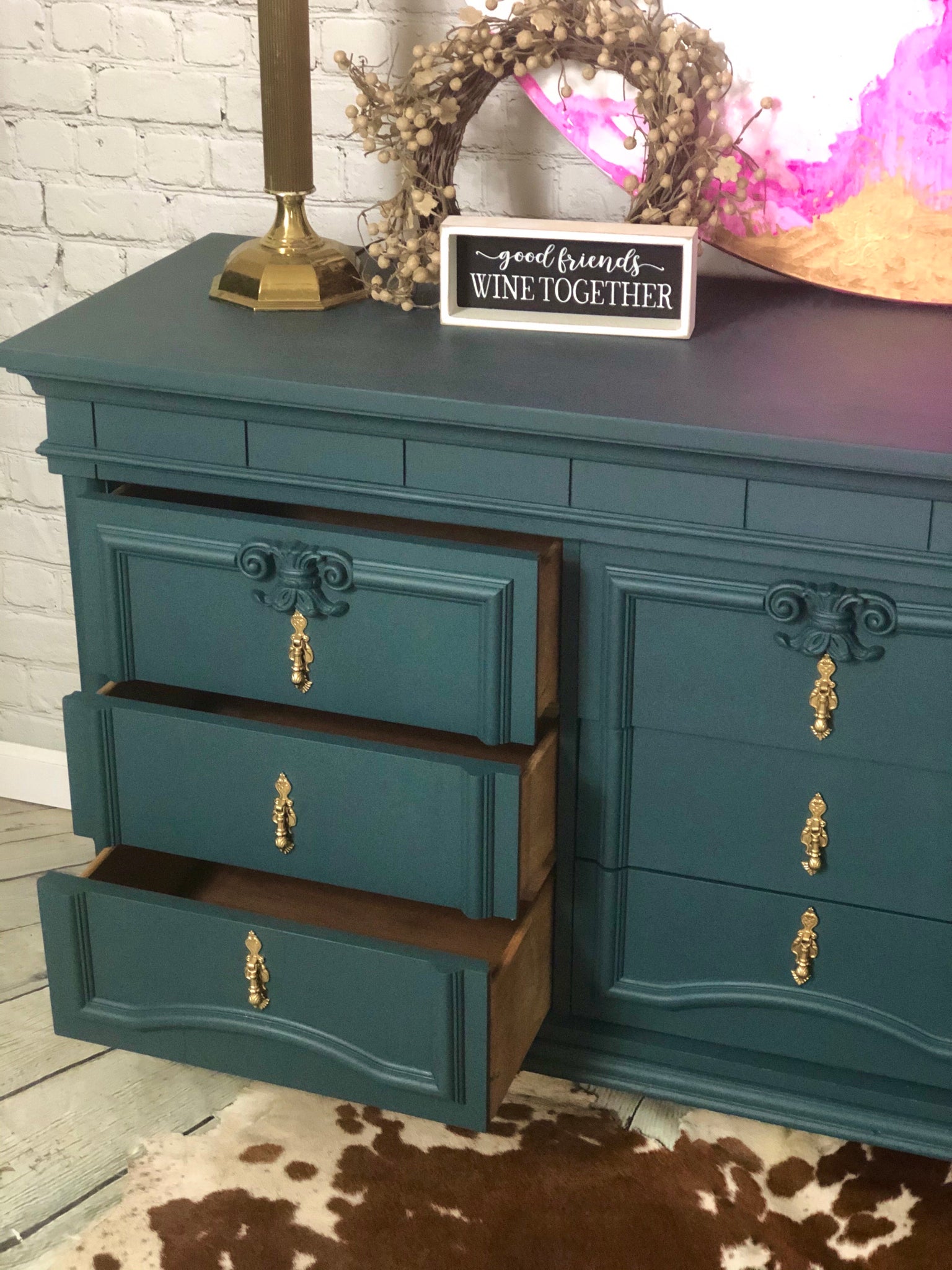 Deep Teal Hand Painted Vintage Dresser Sustainable Furniture