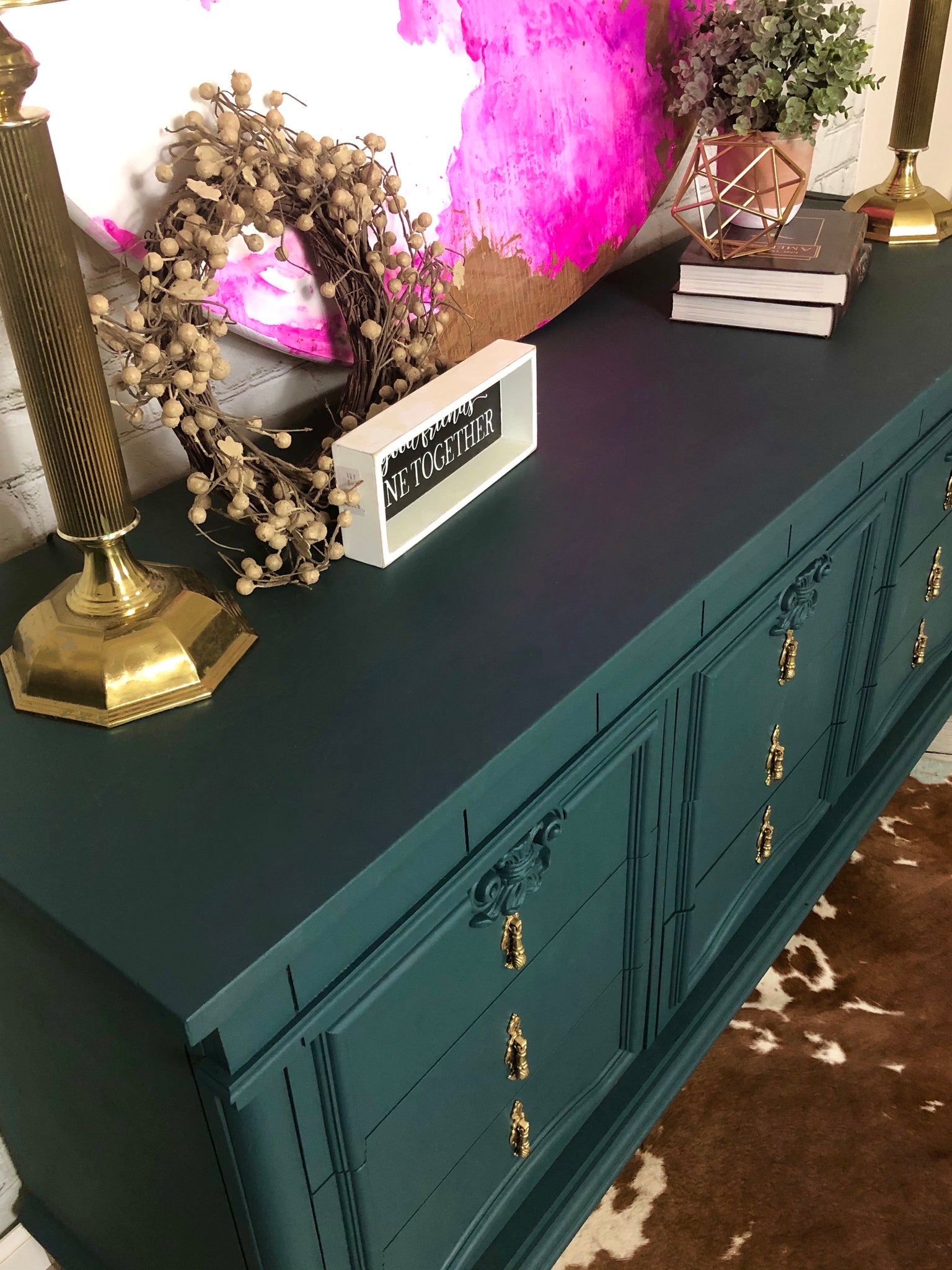 Deep Teal Hand Painted Vintage Dresser Sustainable Furniture