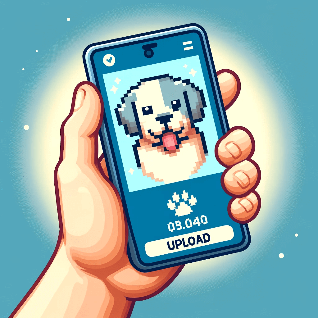Hand holding a smartphone displaying a pixelated dog photo for upload.