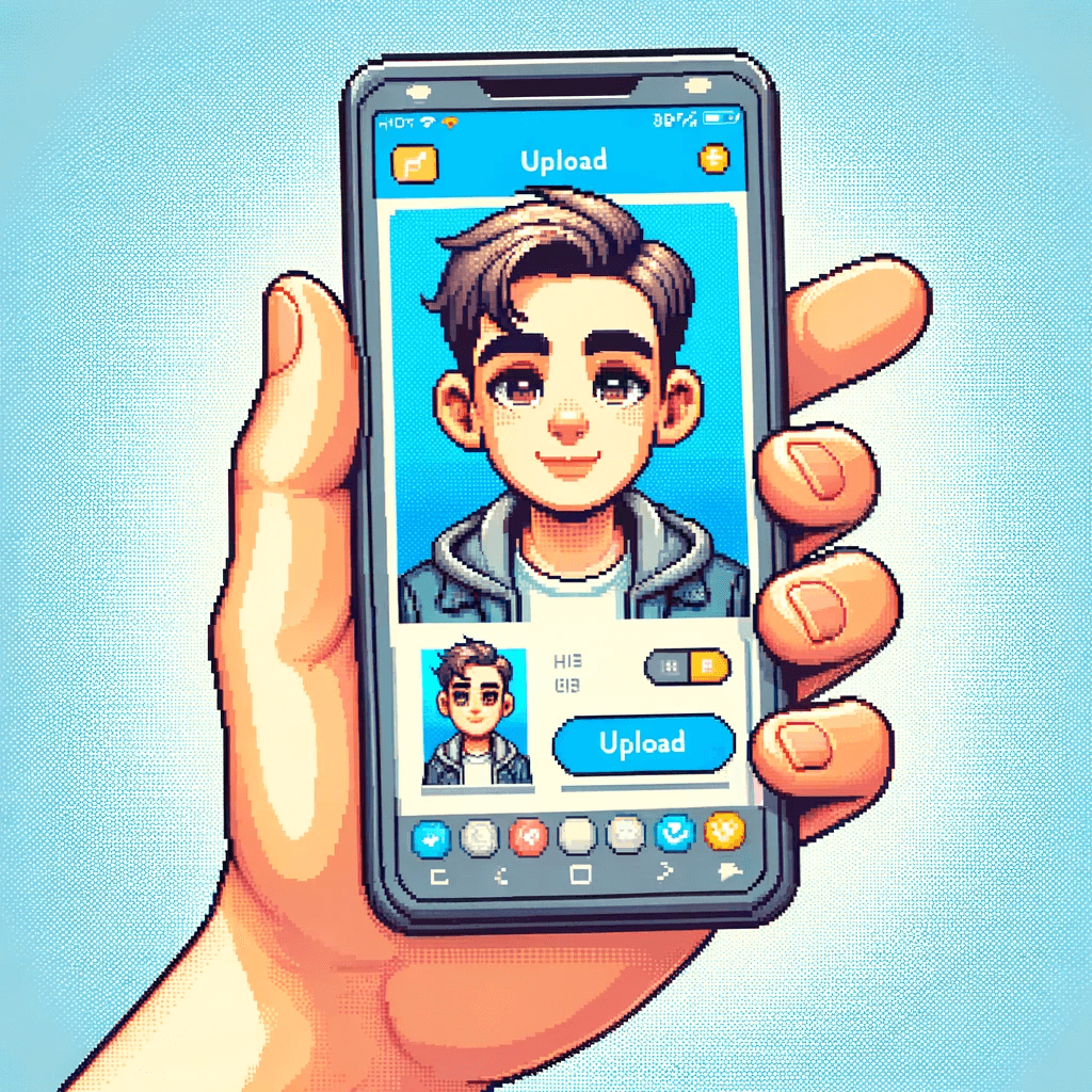 Pixel-art illustration of a hand holding a smartphone displaying a character's avatar for upload.
