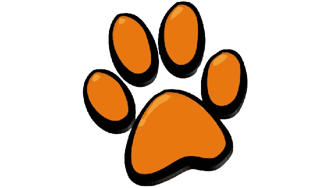 Orange animal paw print with black outline.