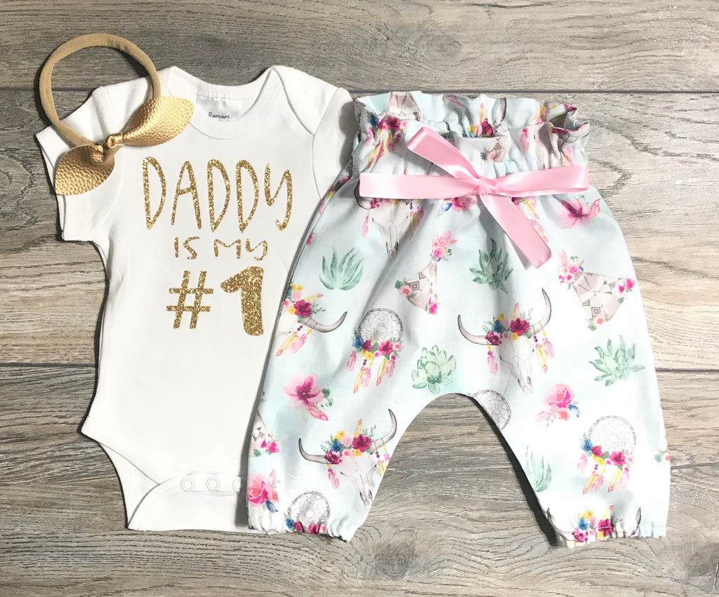 Daddy Is My #1 Bodysuit - Outfit Girl + Boho Pants + Bow - Best Dad Ou –  Romari For Kids