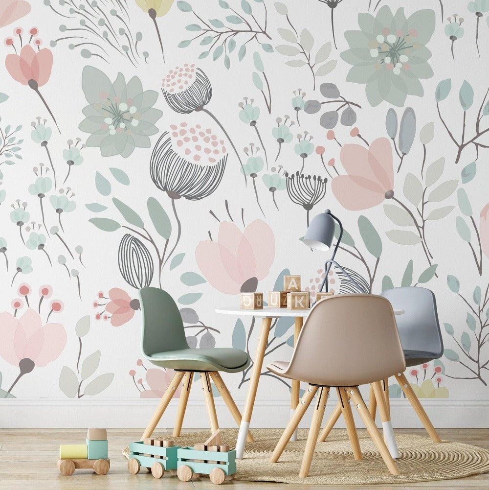 Kids Pastel Floral Wallpaper. Pink Floral Peel and Stick Wallpaper. –  Timberlea Interiors