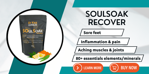 Dr Kez ChiroLab Painful foot conditions SOulSoak Recover bath salts foot spa achy muscles inflammation ease pain 900g