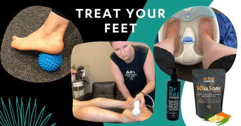 Dr Kez ChiroLab Treat your feet SOulSoak Recover Kirofix® Injury Relief Lotion Spikey massage ball Ultrasound Foot spa
